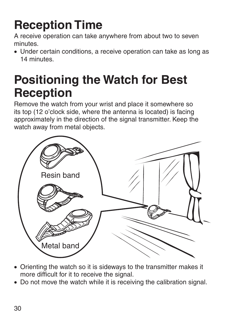 Reception time, Positioning the watch for best reception | G-Shock MRG-8100B-1A User Manual | Page 31 / 92