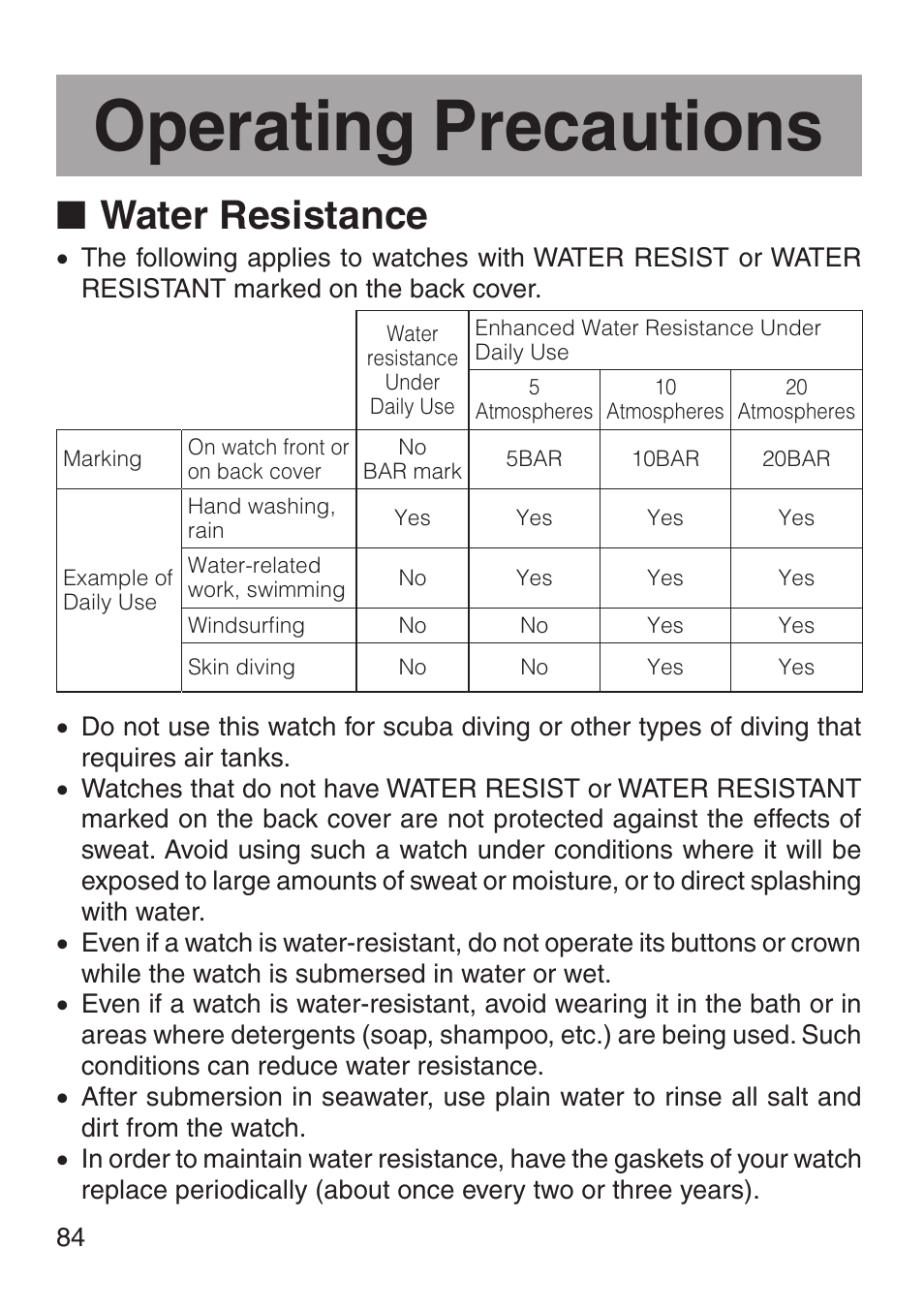 Operating precautions, Water resistance | G-Shock MRG-8100B-1A User Manual | Page 85 / 92