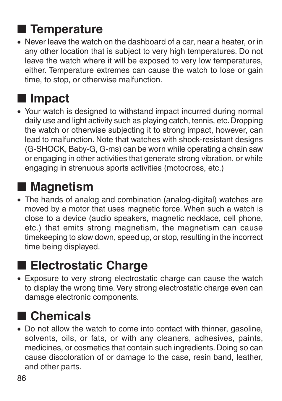 Temperature, Impact, Magnetism | Electrostatic charge, Chemicals | G-Shock MRG-8100B-1A User Manual | Page 87 / 92