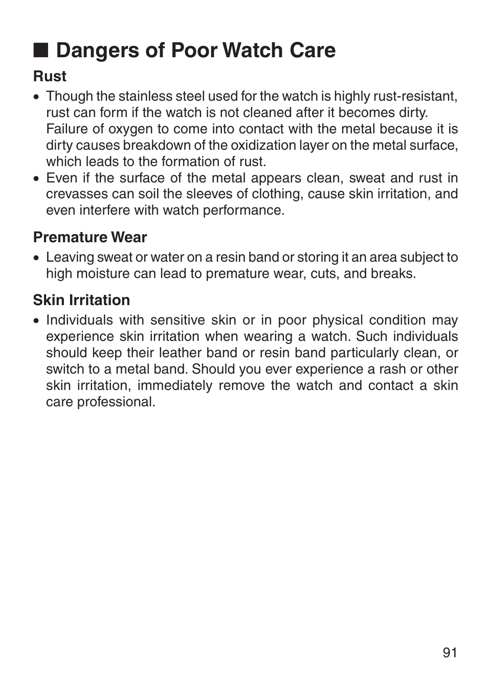 Dangers of poor watch care | G-Shock MRG-8100B-1A User Manual | Page 92 / 92