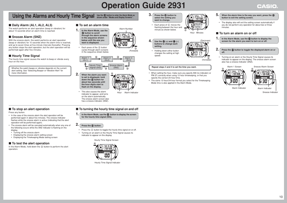 Using the alarms and hourly time signal, Operation guide 2931 | G-Shock GW-400CDJ-2JF User Manual | Page 10 / 11