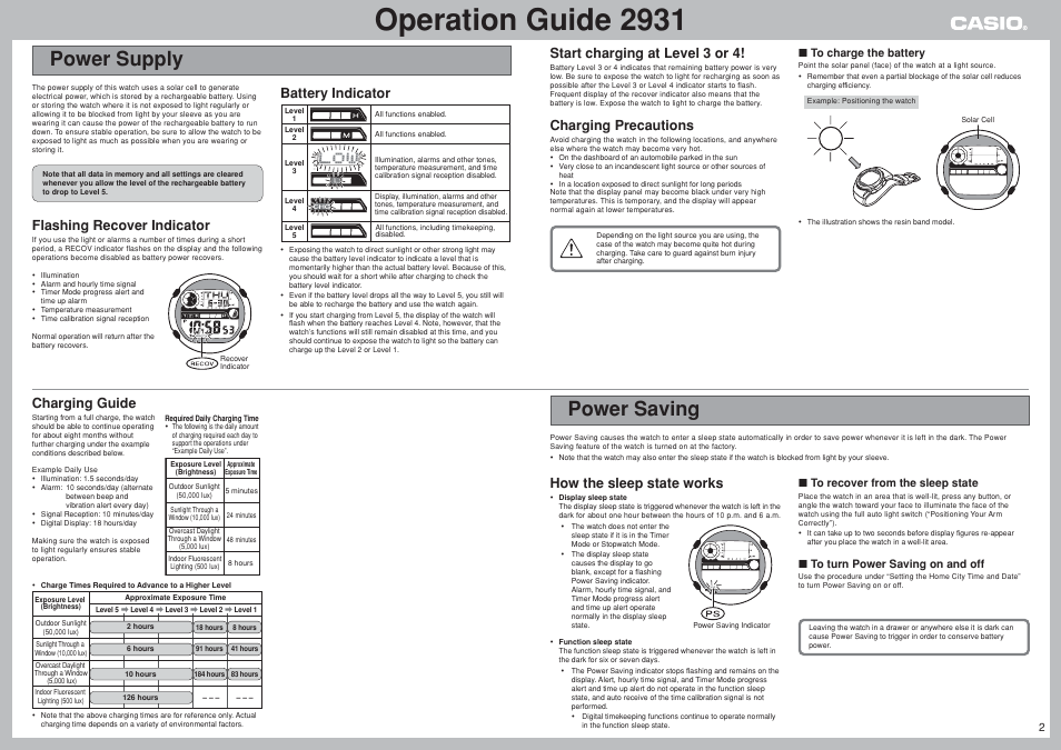 Power supply, Power saving, Operation guide 2931 | Start charging at level 3 or 4, Charging precautions, Flashing recover indicator, Battery indicator, Charging guide, How the sleep state works | G-Shock GW-400CDJ-2JF User Manual | Page 2 / 11