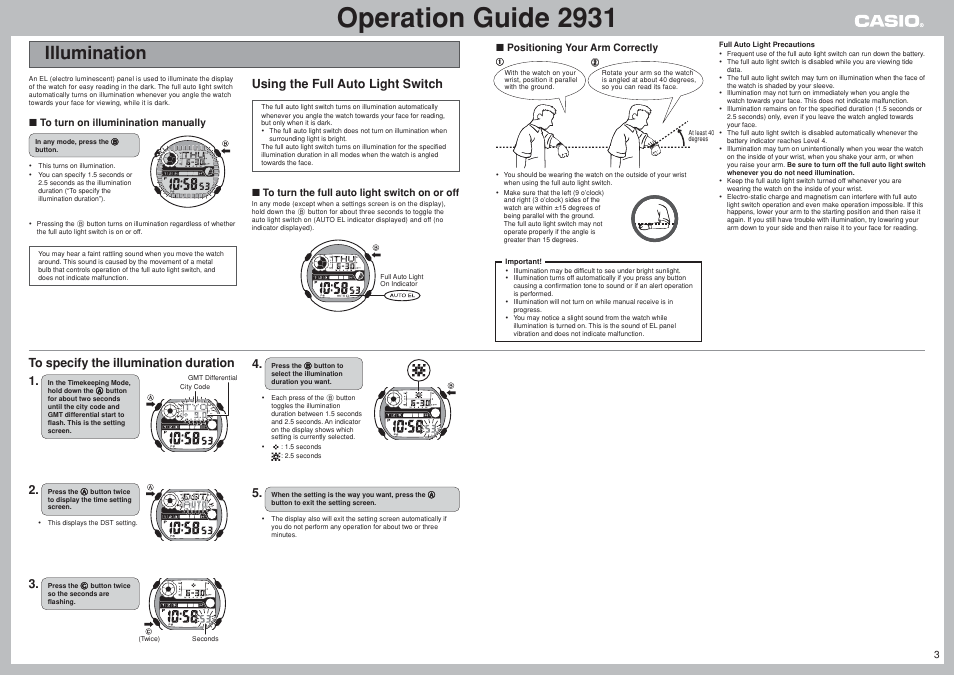 Illumination, Operation guide 2931, Using the full auto light switch | G-Shock GW-400CDJ-2JF User Manual | Page 3 / 11