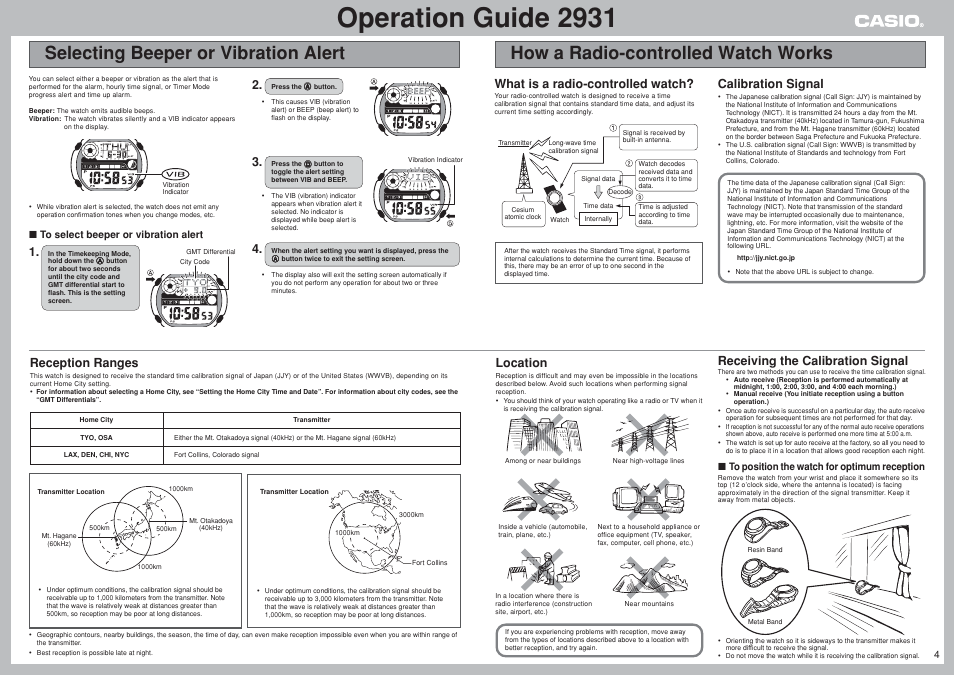 Selecting beeper or vibration alert, How a radio-controlled watch works, Operation guide 2931 | What is a radio-controlled watch, Calibration signal, Reception ranges, Location, Receiving the calibration signal | G-Shock GW-400CDJ-2JF User Manual | Page 4 / 11