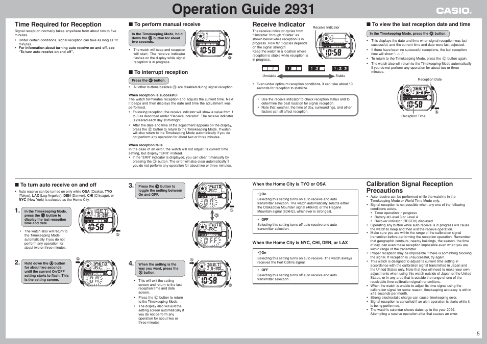 Operation guide 2931, Time required for reception, Receive indicator | Calibration signal reception precautions | G-Shock GW-400CDJ-2JF User Manual | Page 5 / 11