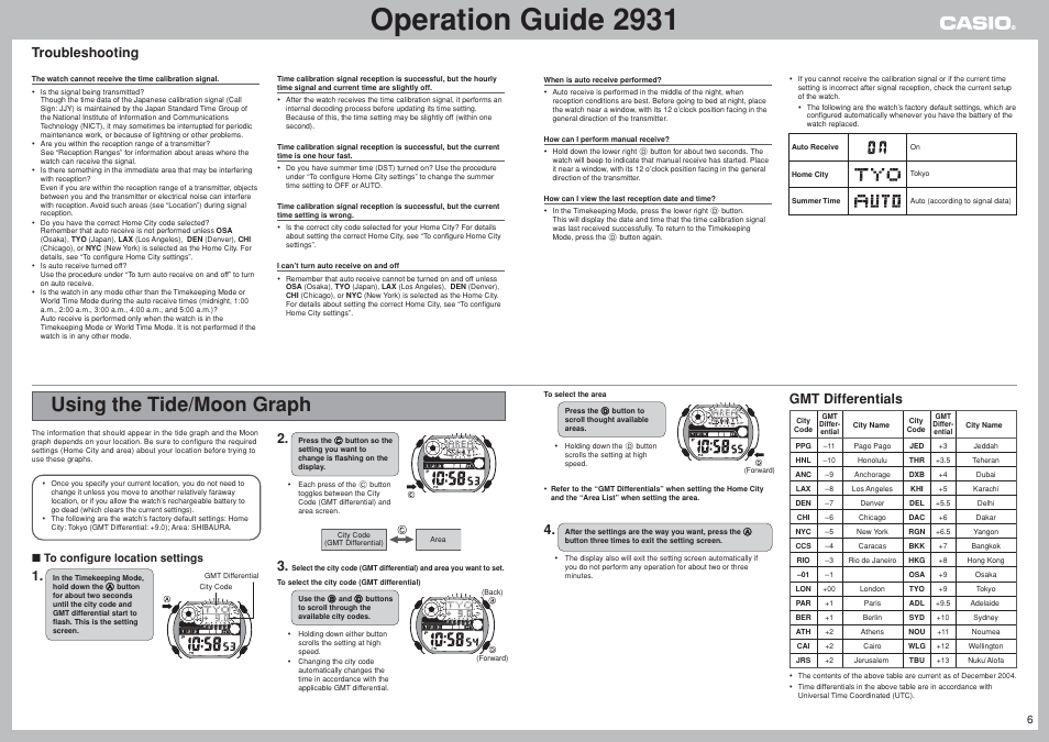 Using the tide/moon graph, Operation guide 2931, Troubleshooting | Gmt differentials | G-Shock GW-400CDJ-2JF User Manual | Page 6 / 11