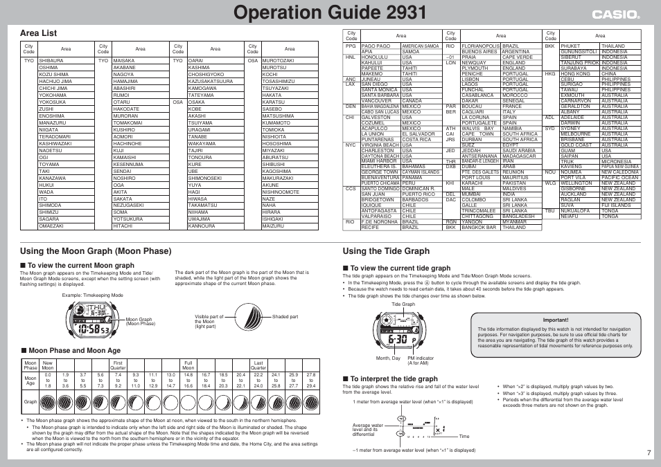 Operation guide 2931, Area list, Moon phase and moon age | G-Shock GW-400CDJ-2JF User Manual | Page 7 / 11