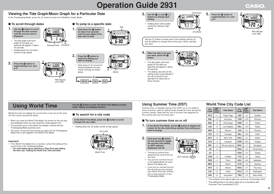 Using world time, Operation guide 2931, Using summer time (dst) | World time city code list, 8❚ to jump to a specific date | G-Shock GW-400CDJ-2JF User Manual | Page 8 / 11