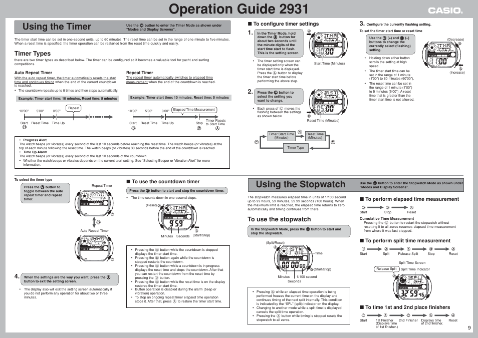 Using the timer, Using the stopwatch, Operation guide 2931 | Timer types | G-Shock GW-400CDJ-2JF User Manual | Page 9 / 11