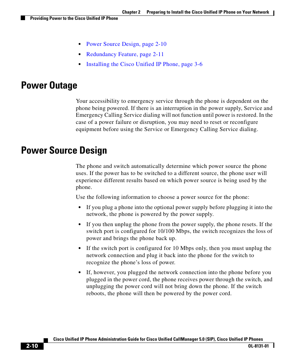 Power outage, Power source design | Cisco OL-8131-01 User Manual | Page 10 / 20