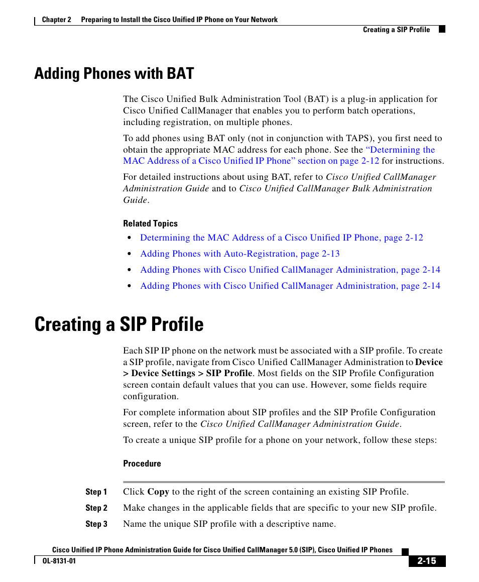 Adding phones with bat, Creating a sip profile | Cisco OL-8131-01 User Manual | Page 15 / 20
