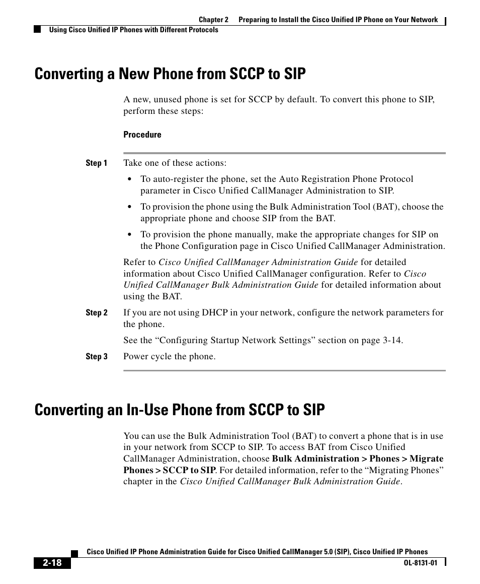 Converting a new phone from sccp to sip, Converting an in-use phone from sccp to sip | Cisco OL-8131-01 User Manual | Page 18 / 20