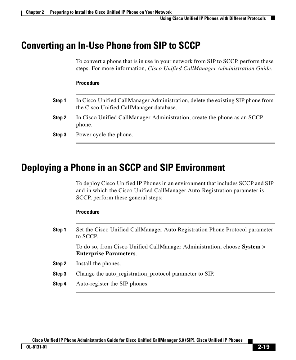 Converting an in-use phone from sip to sccp, Deploying a phone in an sccp and sip environment | Cisco OL-8131-01 User Manual | Page 19 / 20