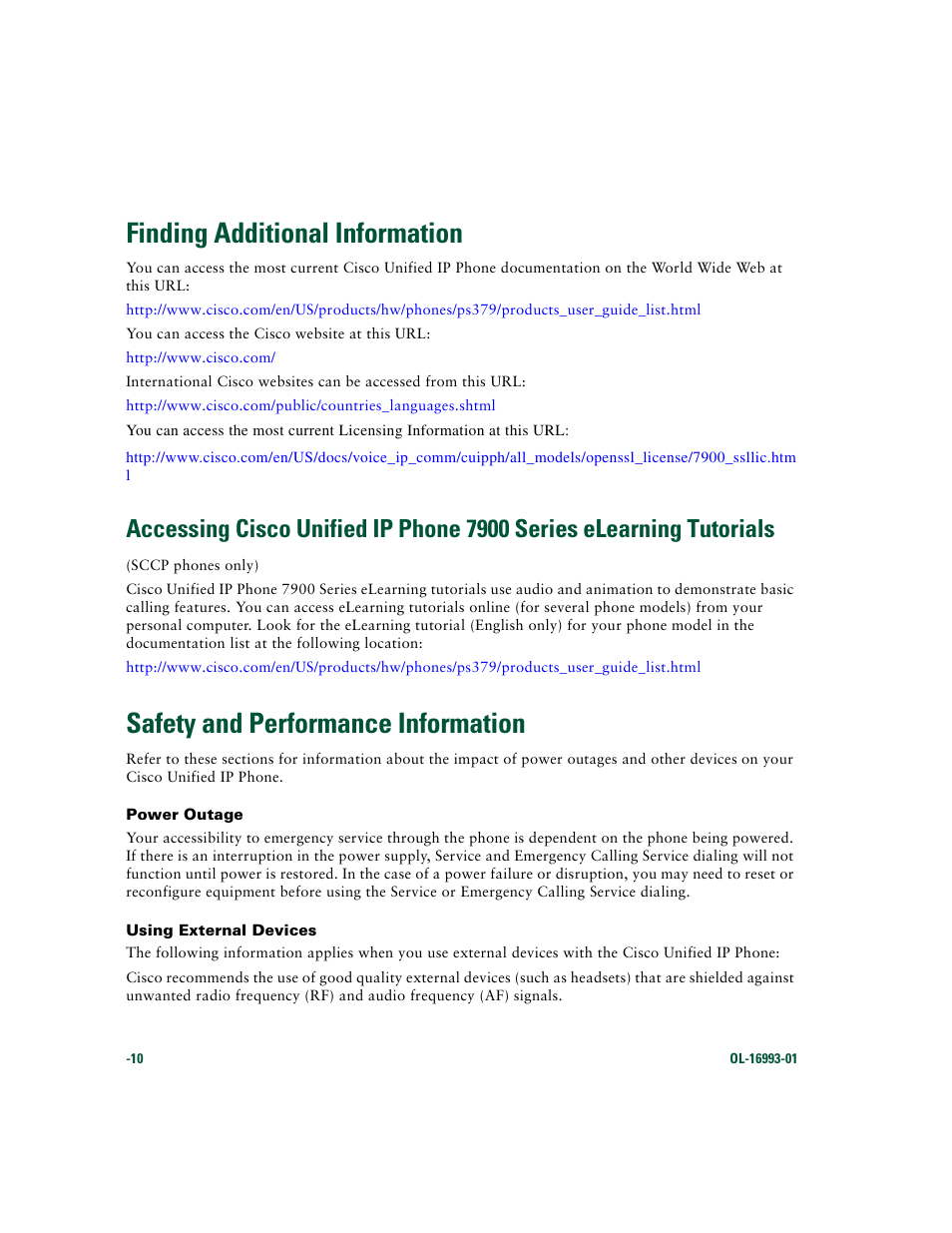 Finding additional information, Safety and performance information | Cisco 7970 Series User Manual | Page 10 / 92