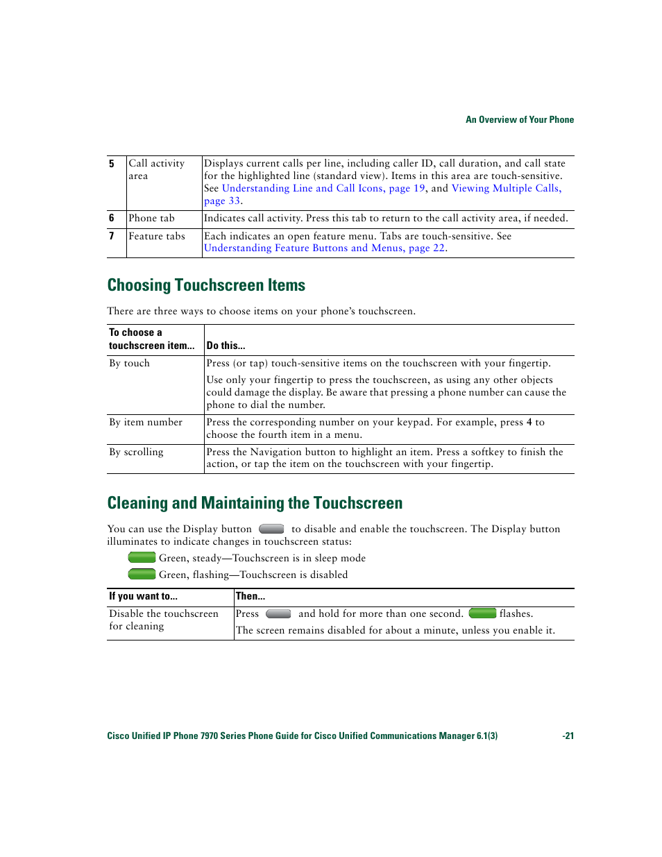 Choosing touchscreen items, Cleaning and maintaining the touchscreen | Cisco 7970 Series User Manual | Page 21 / 92