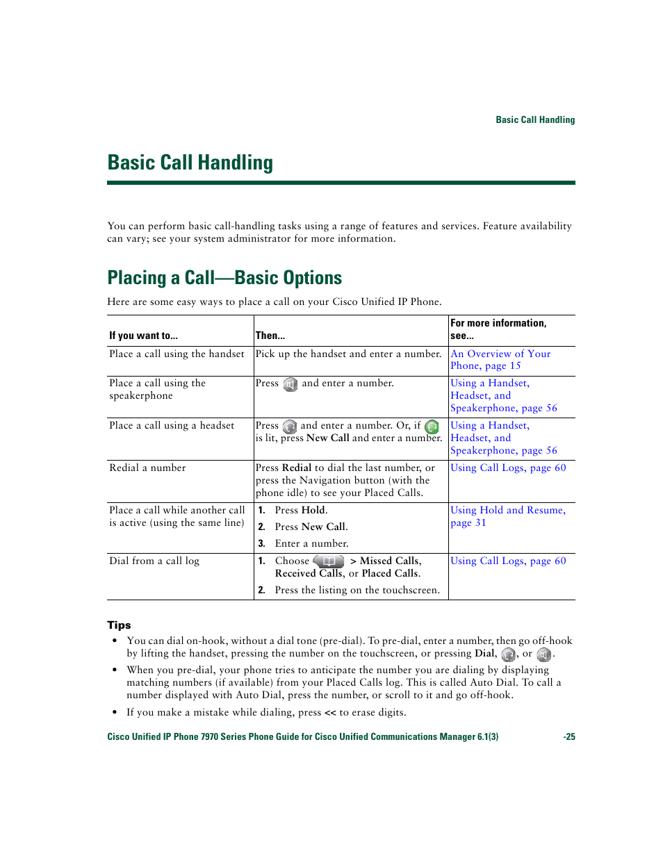 Basic call handling, Placing a call-basic options, Placing a call—basic options | Cisco 7970 Series User Manual | Page 25 / 92