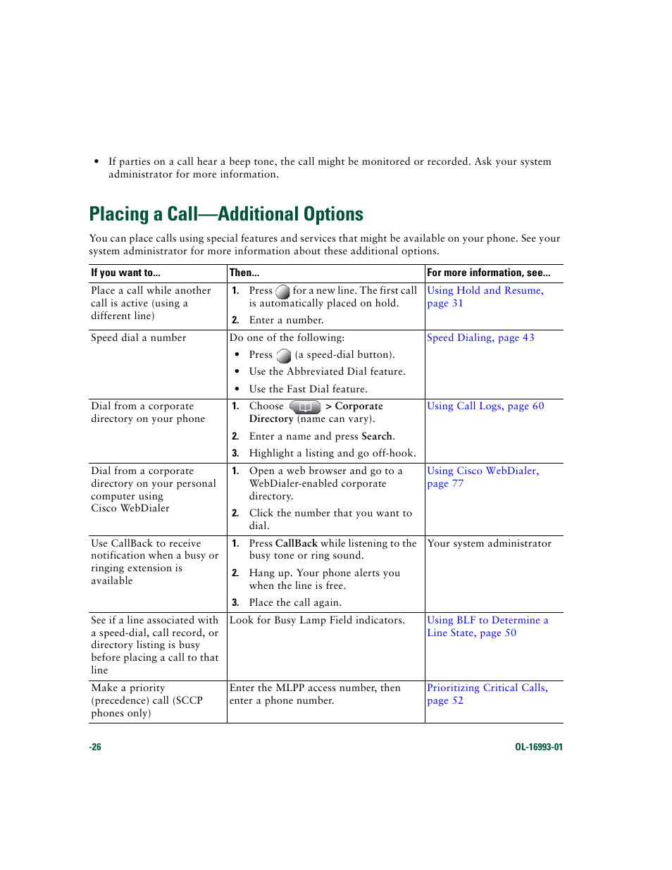 Placing a call-additional options, Placing a call—additional options | Cisco 7970 Series User Manual | Page 26 / 92