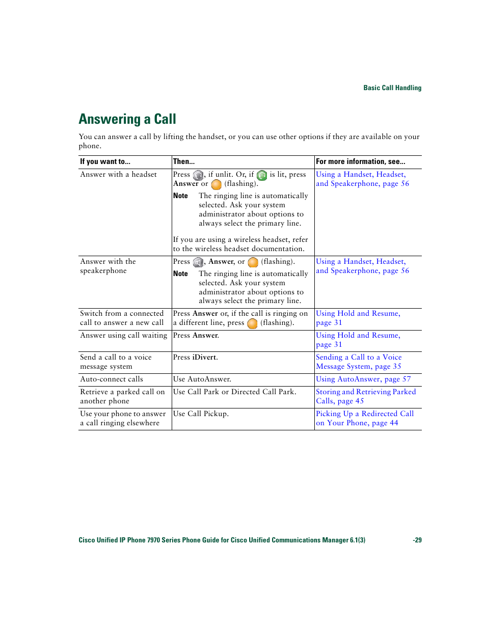 Answering a call | Cisco 7970 Series User Manual | Page 29 / 92