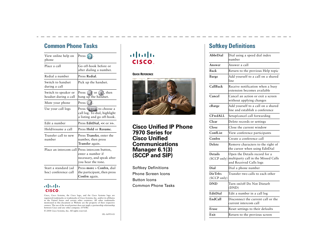 Common phone tasks, Quick reference, Softkey definitions | Cisco 7970 Series User Manual | Page 3 / 92