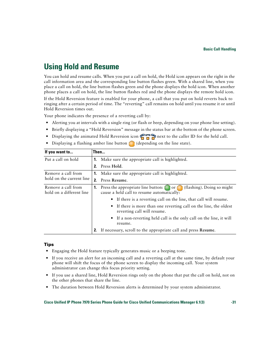 Using hold and resume, Using, Using hold and | Cisco 7970 Series User Manual | Page 31 / 92
