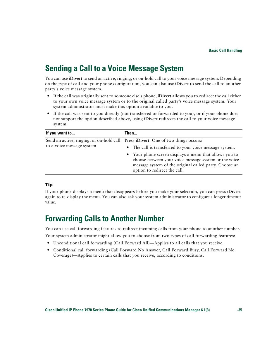 Sending a call to a voice message system, Forwarding calls to another number | Cisco 7970 Series User Manual | Page 35 / 92