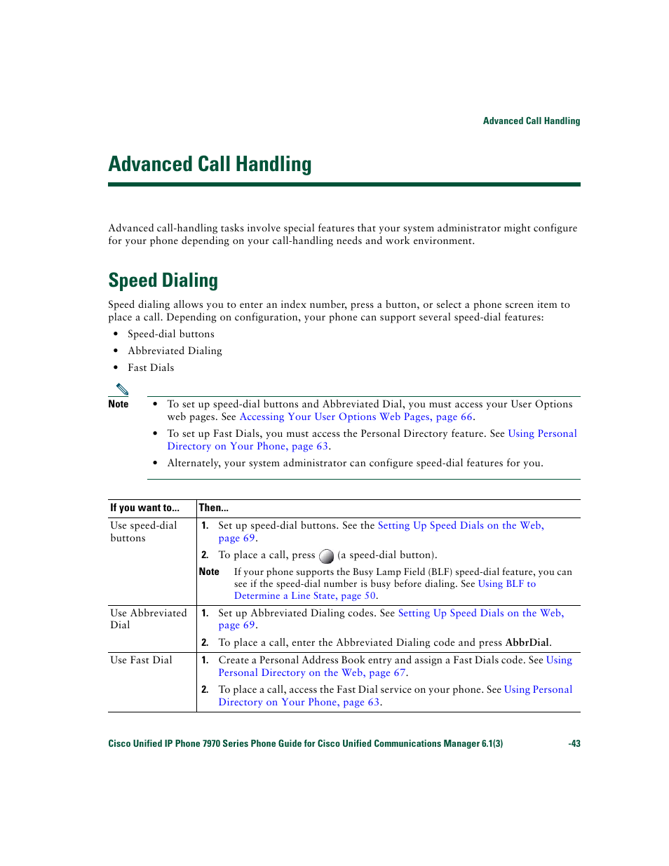 Advanced call handling, Speed dialing | Cisco 7970 Series User Manual | Page 43 / 92