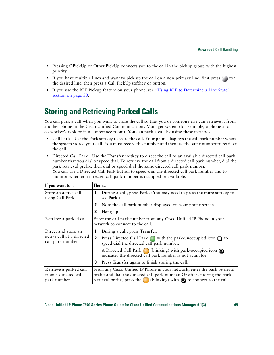 Storing and retrieving parked calls | Cisco 7970 Series User Manual | Page 45 / 92