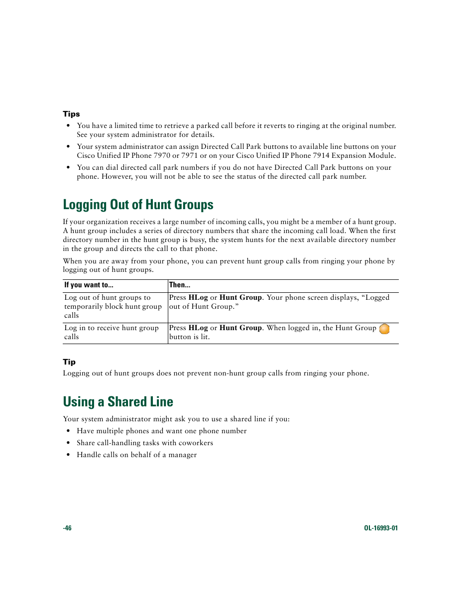Logging out of hunt groups, Using a shared line, Using | Cisco 7970 Series User Manual | Page 46 / 92