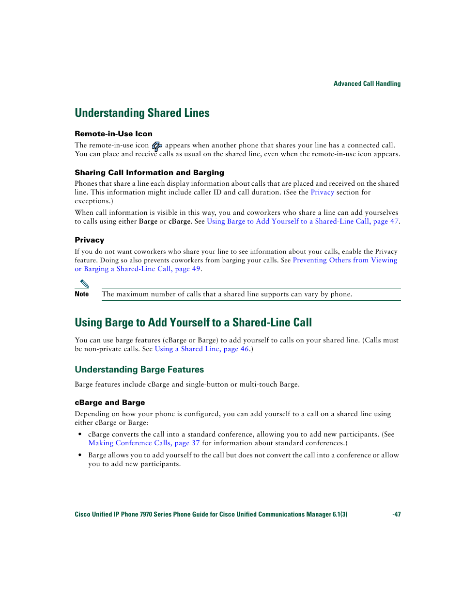 Understanding shared lines, Using barge to add yourself to a shared-line call, Understanding barge features | Cisco 7970 Series User Manual | Page 47 / 92