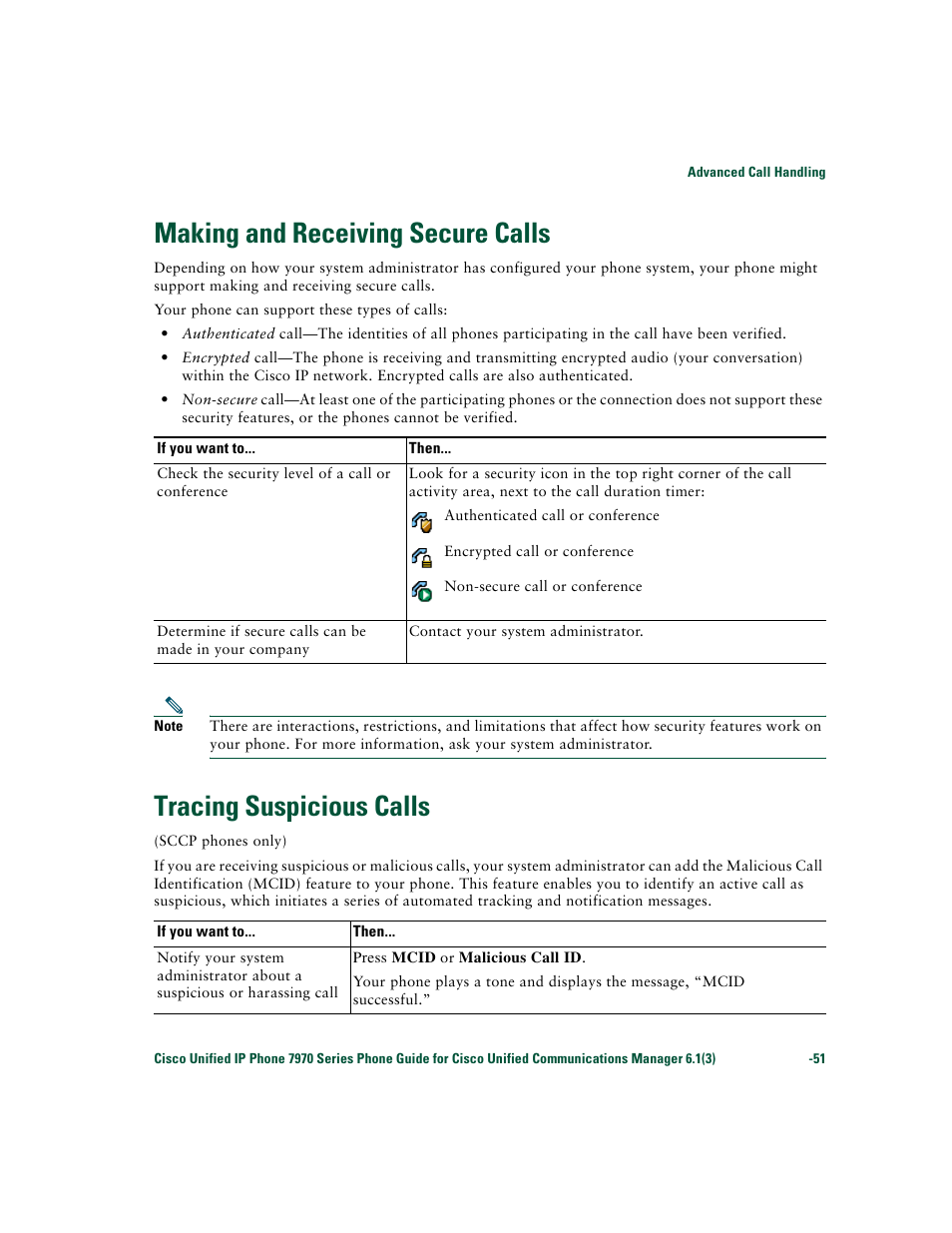 Making and receiving secure calls, Tracing suspicious calls | Cisco 7970 Series User Manual | Page 51 / 92