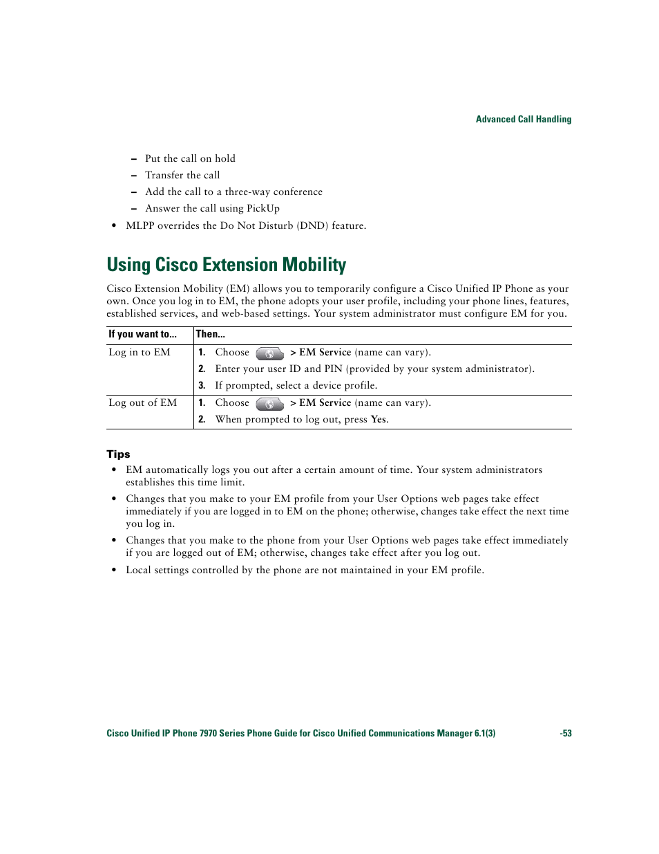 Using cisco extension mobility | Cisco 7970 Series User Manual | Page 53 / 92