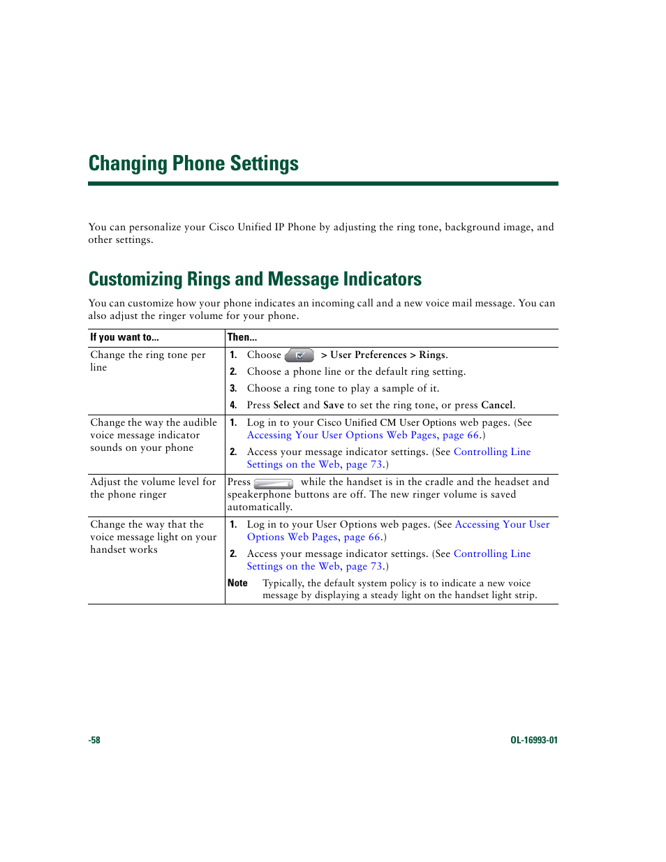 Changing phone settings, Customizing rings and message indicators | Cisco 7970 Series User Manual | Page 58 / 92