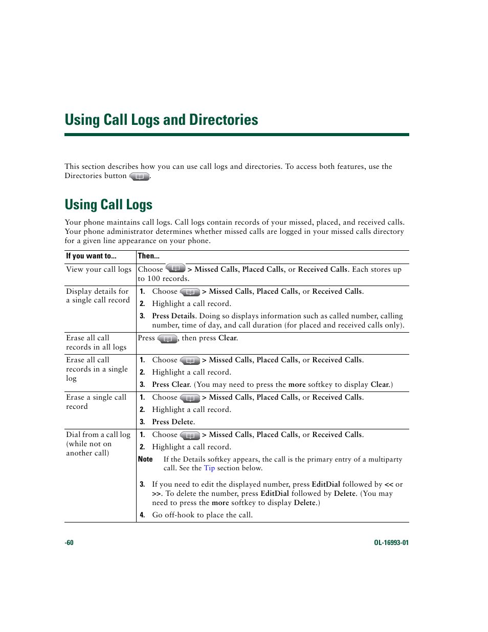 Using call logs and directories, Using call logs | Cisco 7970 Series User Manual | Page 60 / 92
