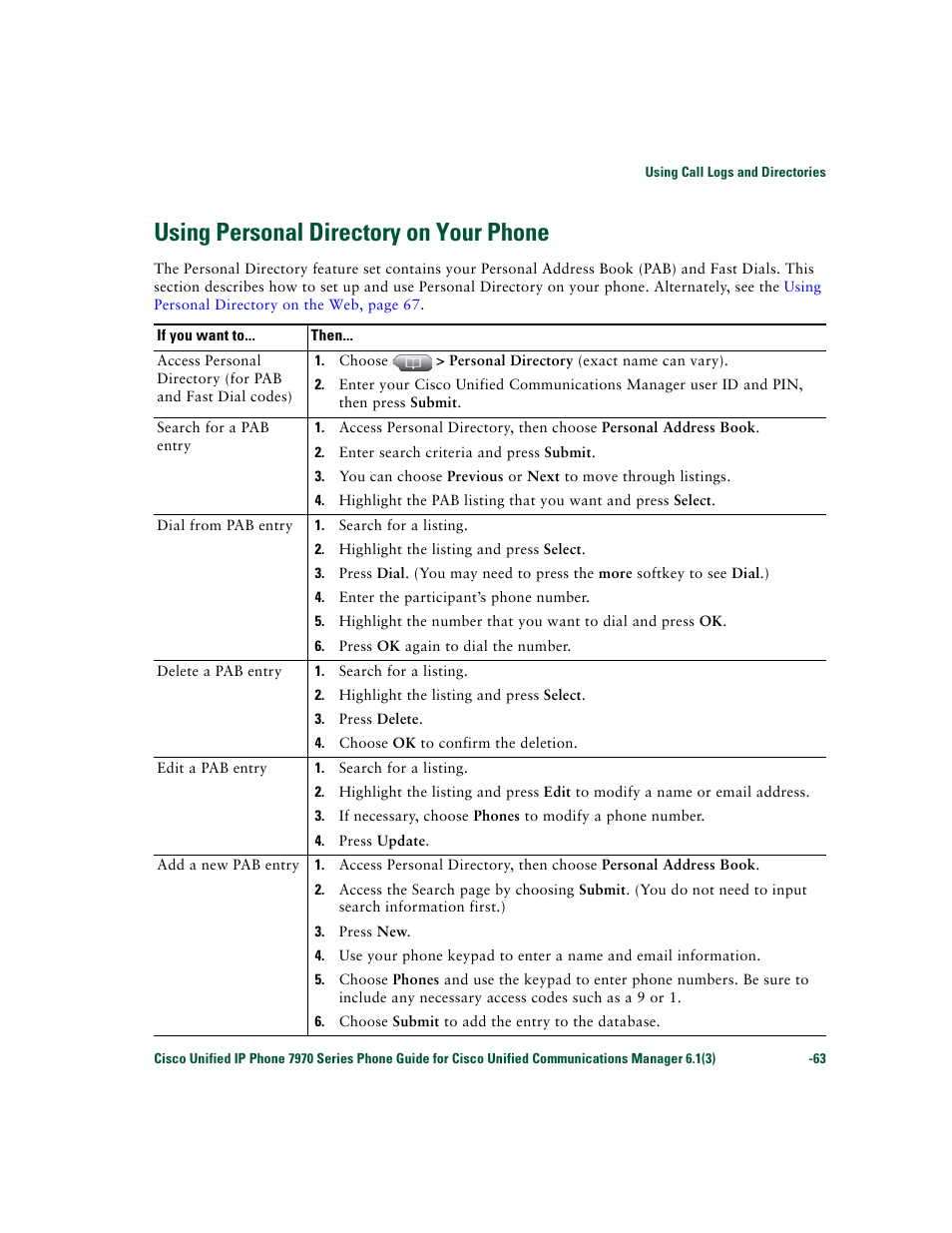 Using personal directory on your phone, Using personal | Cisco 7970 Series User Manual | Page 63 / 92