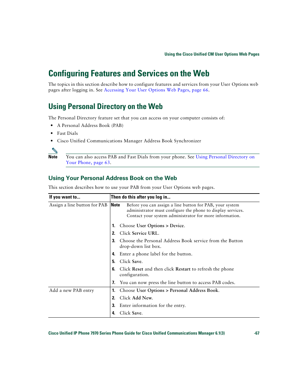 Configuring features and services on the web, Using personal directory on the web, Using your personal address book on the web | Using | Cisco 7970 Series User Manual | Page 67 / 92