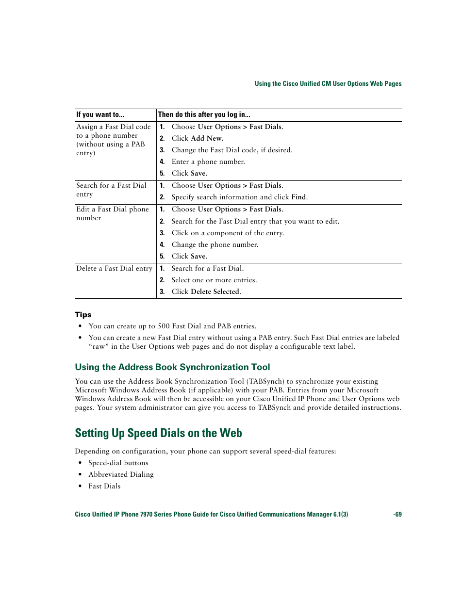 Using the address book synchronization tool, Setting up speed dials on the web | Cisco 7970 Series User Manual | Page 69 / 92