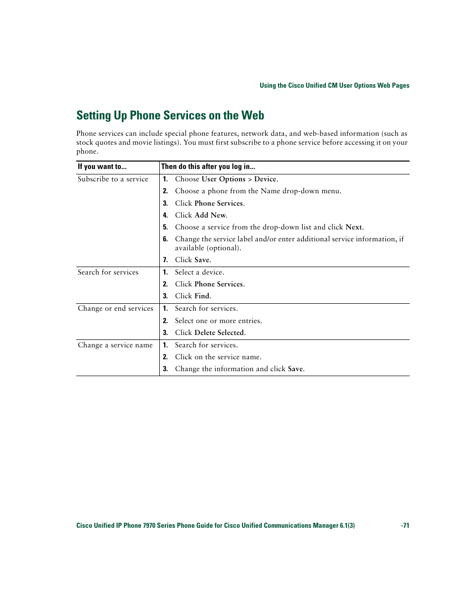 Setting up phone services on the web | Cisco 7970 Series User Manual | Page 71 / 92