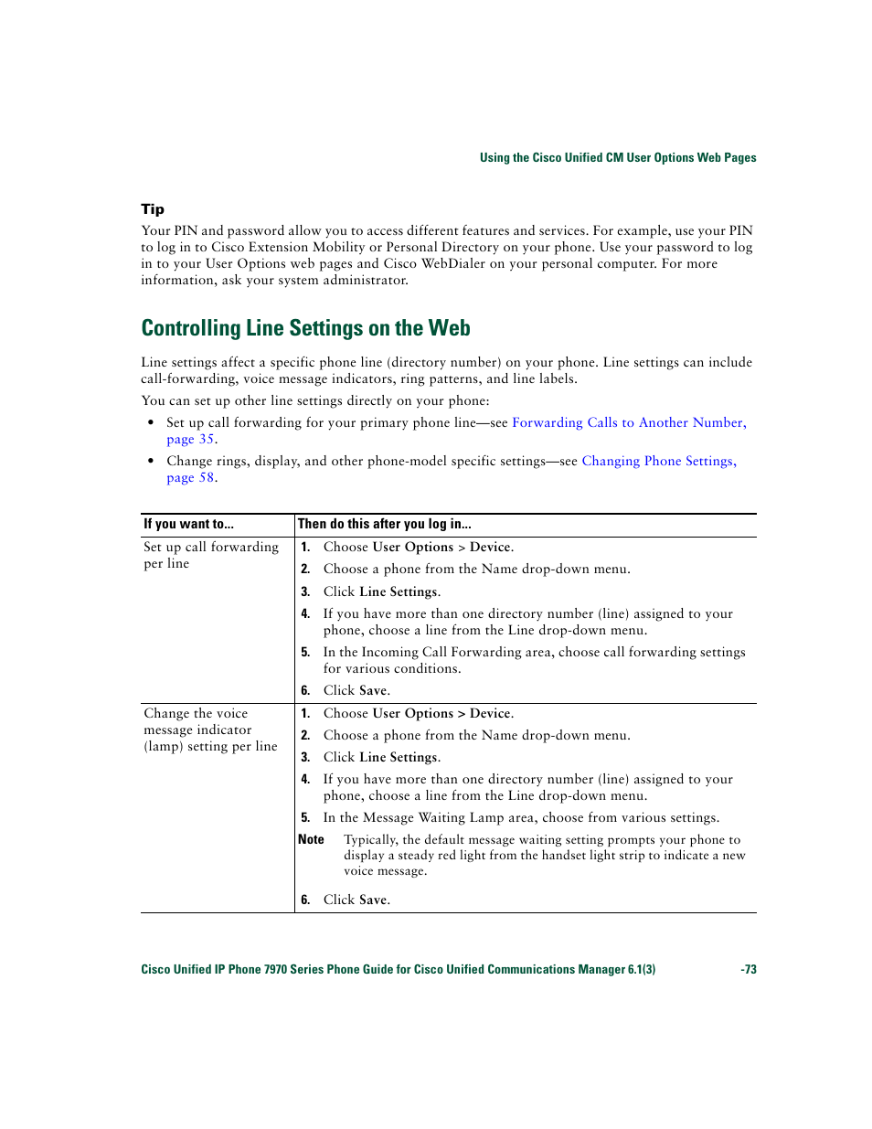 Controlling line settings on the web, Controlling line, Controlling line settings on the | Cisco 7970 Series User Manual | Page 73 / 92
