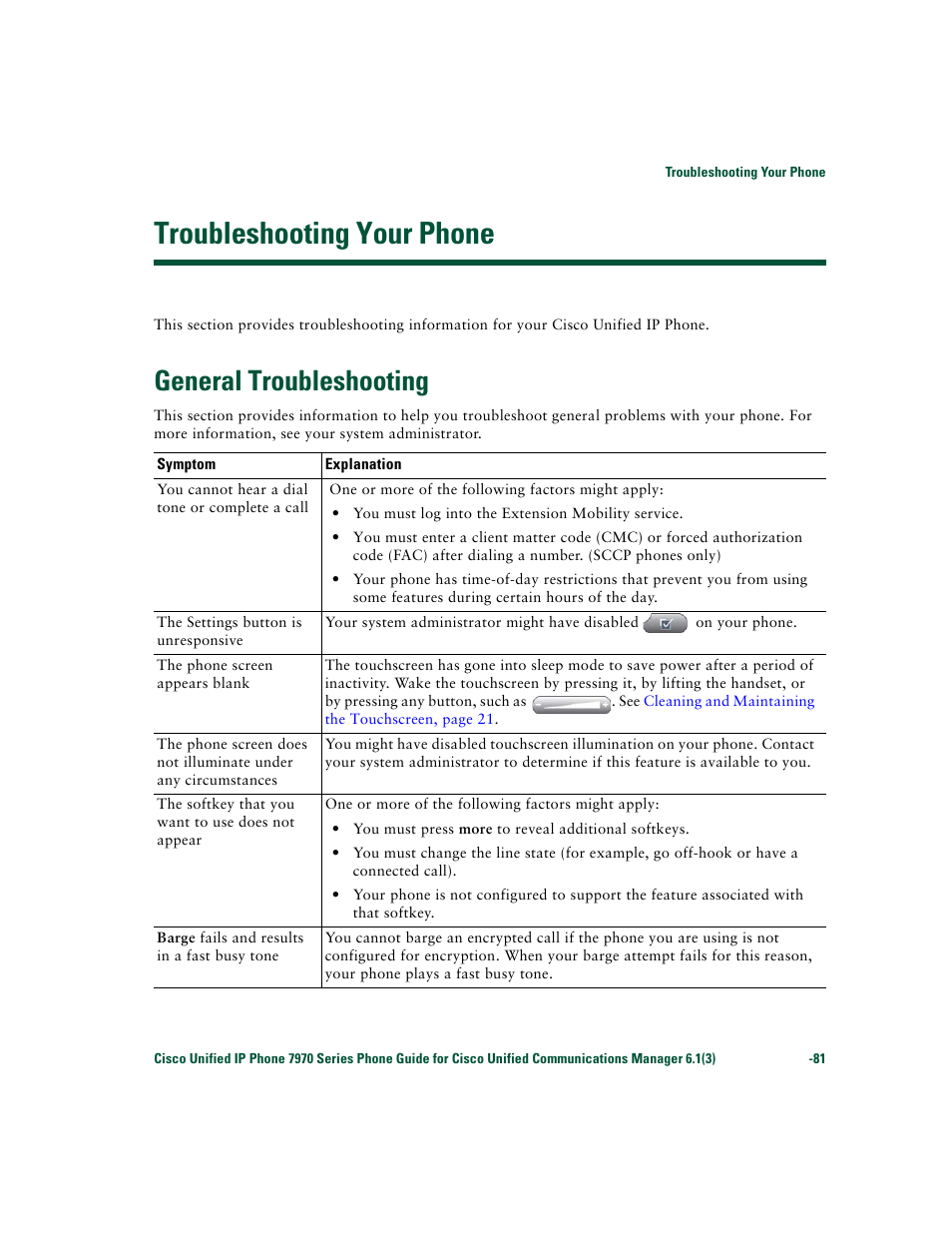 Troubleshooting your phone, General troubleshooting | Cisco 7970 Series User Manual | Page 81 / 92