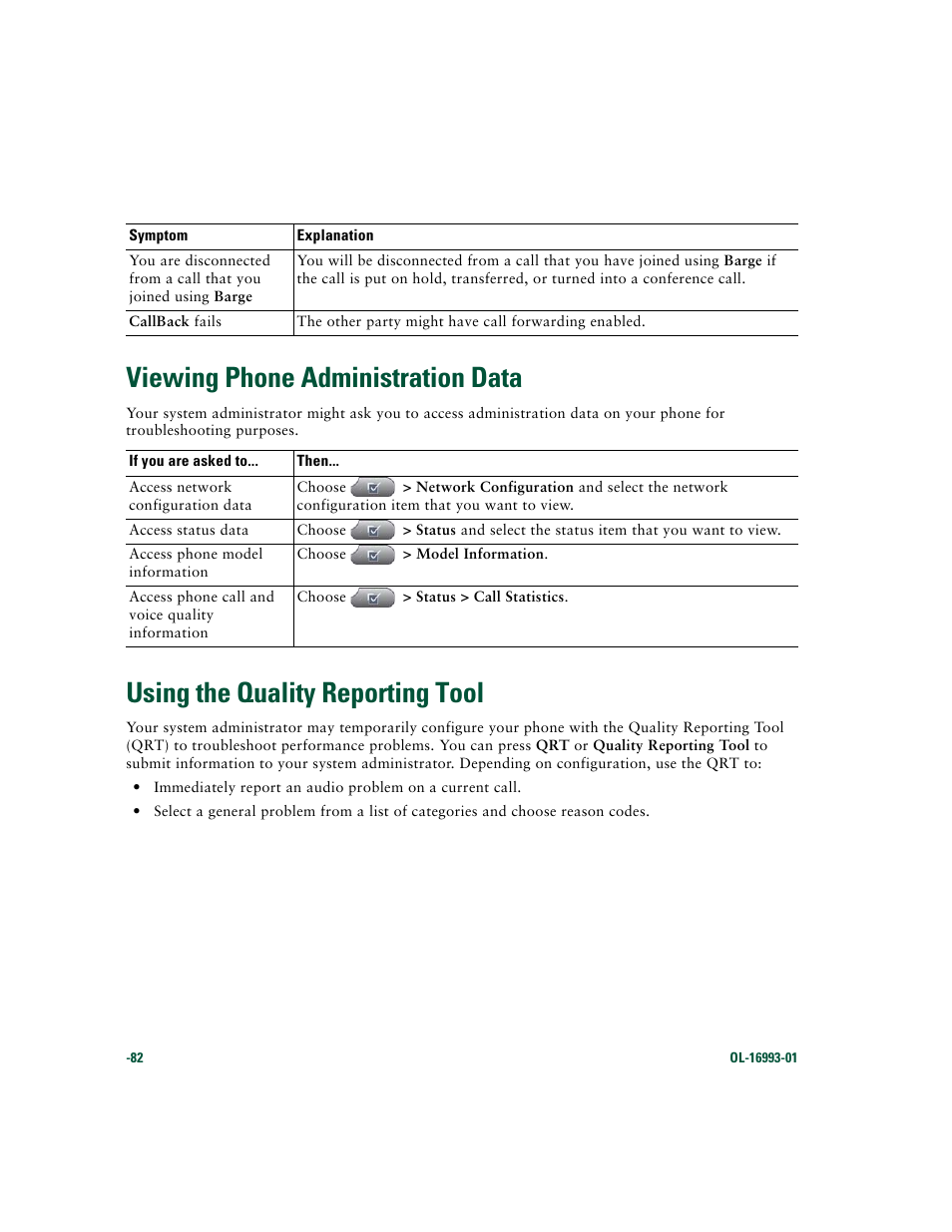 Viewing phone administration data, Using the quality reporting tool | Cisco 7970 Series User Manual | Page 82 / 92