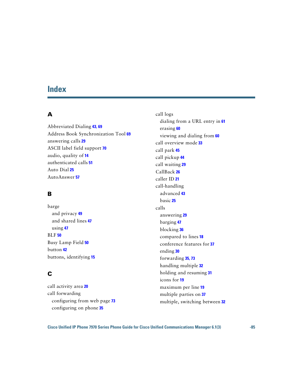 Index | Cisco 7970 Series User Manual | Page 85 / 92