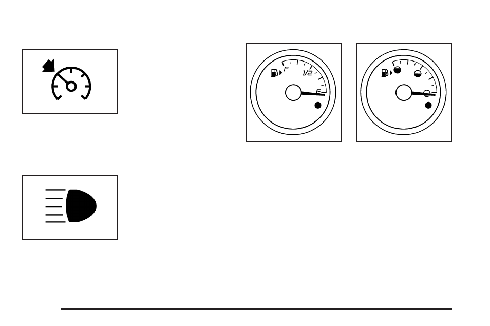 Cruise control light, Highbeam on light, Fuel gage | Low fuel warning light | Pontiac 2008 G6 User Manual | Page 174 / 408