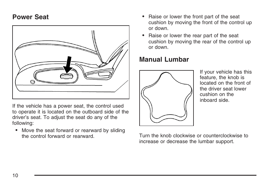 Power seat, Manual lumbar, Power seat manual lumbar | Pontiac 2007 Torrent User Manual | Page 10 / 490