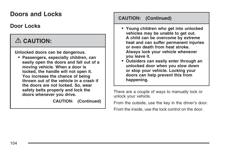 Doors and locks, Door locks, Caution | Pontiac 2007 Torrent User Manual | Page 104 / 490