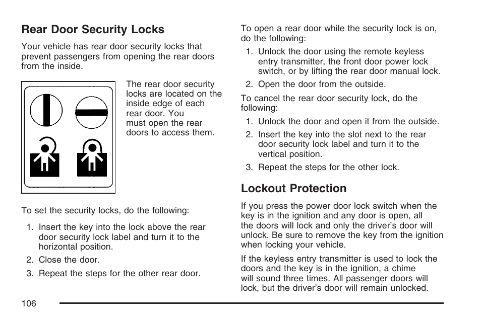 Rear door security locks, Lockout protection, Rear door security locks lockout protection | Pontiac 2007 Torrent User Manual | Page 106 / 490