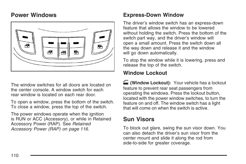 Power windows, Sun visors, Power windows sun visors | Pontiac 2007 Torrent User Manual | Page 110 / 490