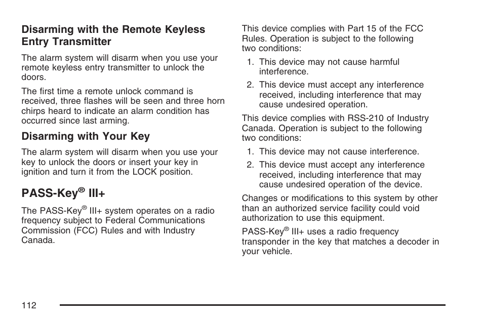 Pass-key® iii, Pass-key, Disarming with your key | Pontiac 2007 Torrent User Manual | Page 112 / 490