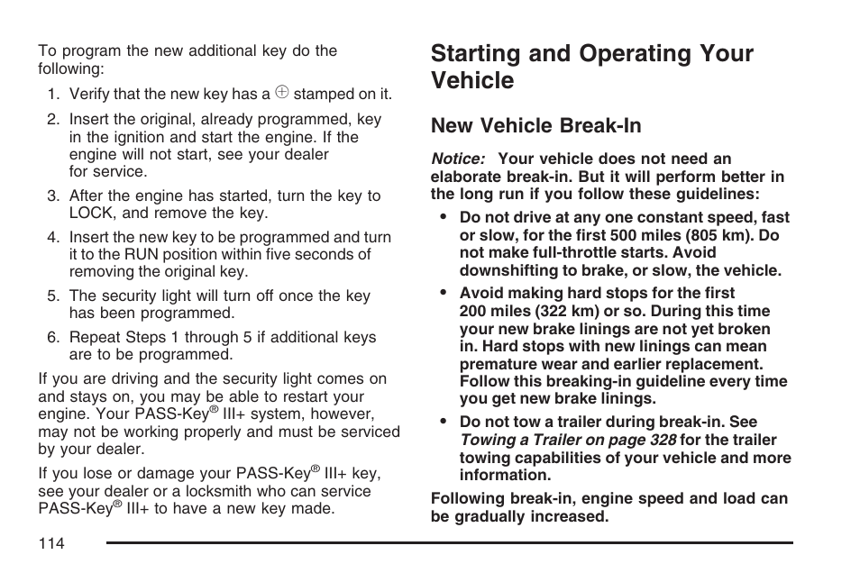 Starting and operating your vehicle, New vehicle break-in | Pontiac 2007 Torrent User Manual | Page 114 / 490
