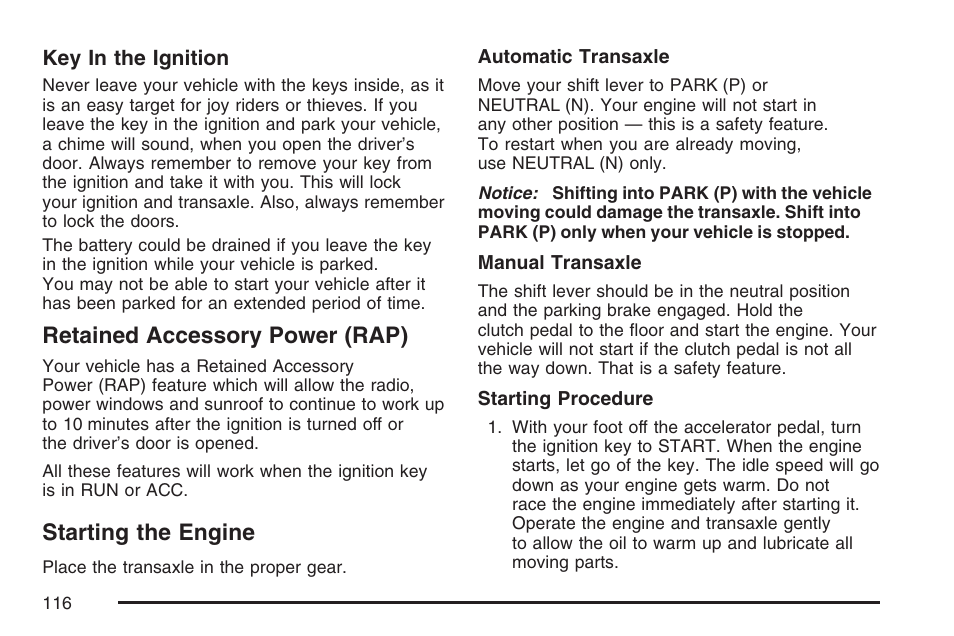 Retained accessory power (rap), Starting the engine, Retained accessory power (rap) starting the engine | Pontiac 2007 Torrent User Manual | Page 116 / 490