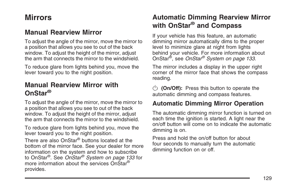 Mirrors, Manual rearview mirror, Manual rearview mirror with onstar | Automatic dimming rearview mirror with, Onstar, And compass, Automatic dimming rearview mirror with onstar, Automatic dimming mirror operation | Pontiac 2007 Torrent User Manual | Page 129 / 490